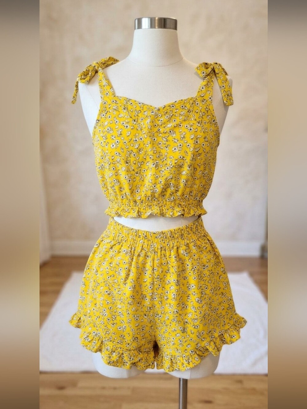 Yellow Floral Tie-Shoulder Crop Top and Ruffle Shorts Set
